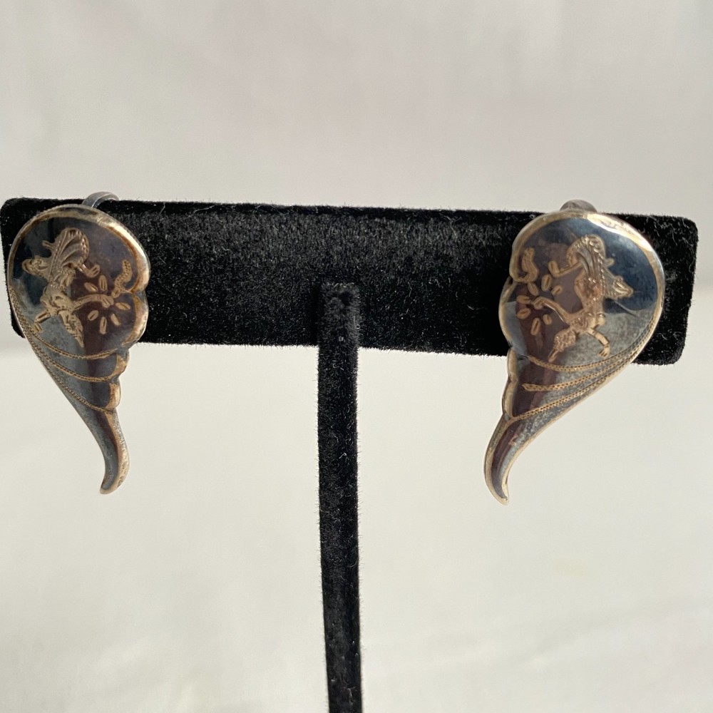 💎Siam Earrings Black Teardrop Floral Cloisonne Screw Back